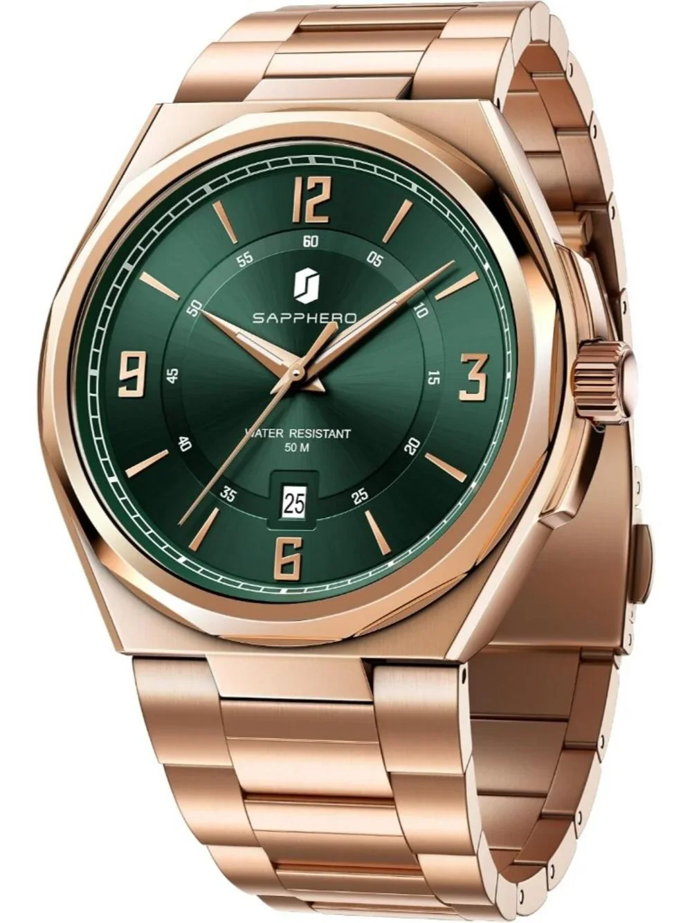 Men's Rose Gold/Green Numeral Dial Stainless Steel Strap Analog Quartz Watch